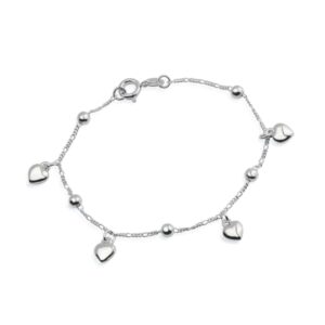 Pulseira  com Pingentes de Coração e Esferas -  banhada em Ouro Branco