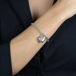 Pulseira Elo Português com Coração - banhada em Ouro Branco