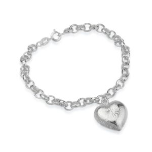 Pulseira Elo Português com Coração - banhada em Ouro Branco