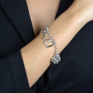 Pulseira Elo Português com Coração, Cadeado, Trevo e Chave -  banhada em Ouro Branco