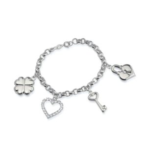 Pulseira Elo Português com Coração, Cadeado, Trevo e Chave -  banhada em Ouro Branco