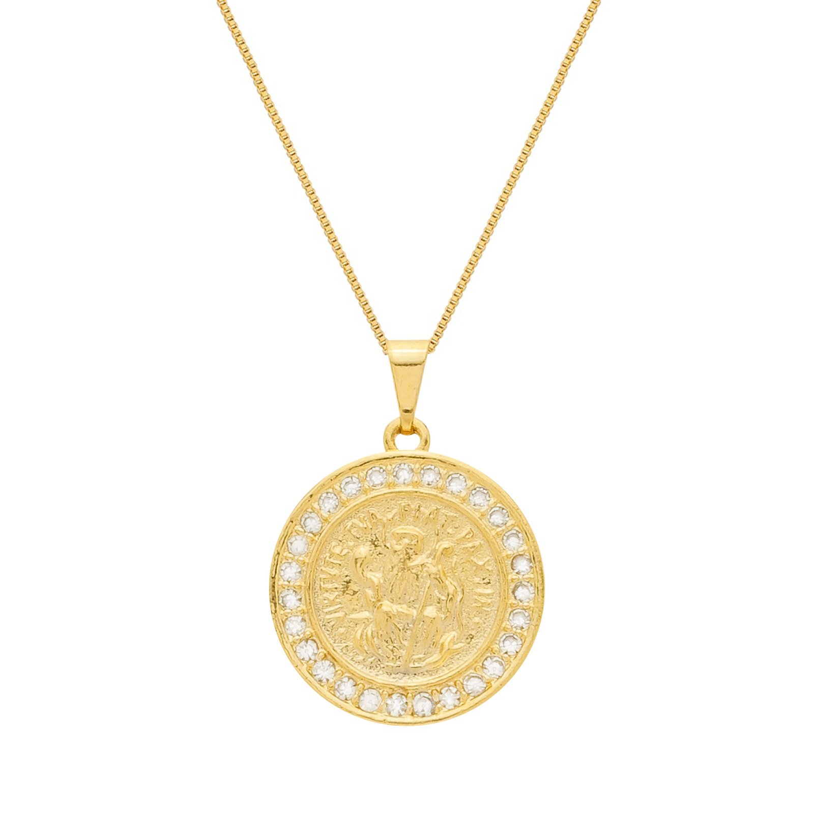 Colar Dourado Medalha  Arcanjo Miguel  Cravejado de Zircônia